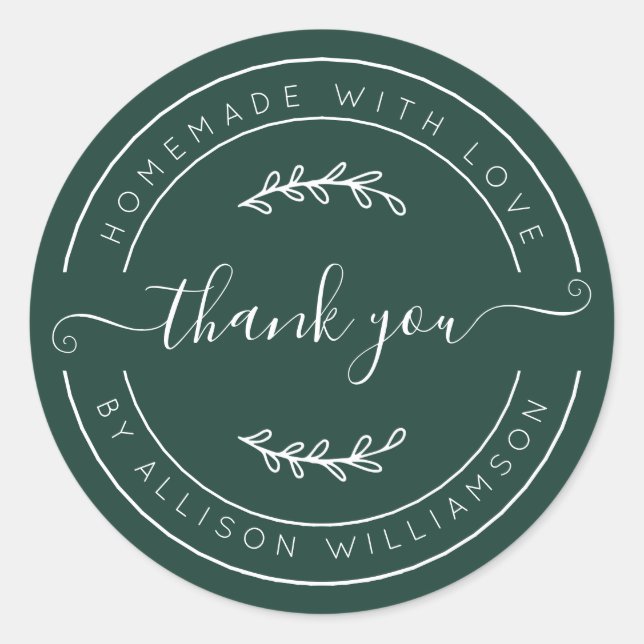 Pegatina Redonda Dark Green Homemade Thank You Label (Anverso)