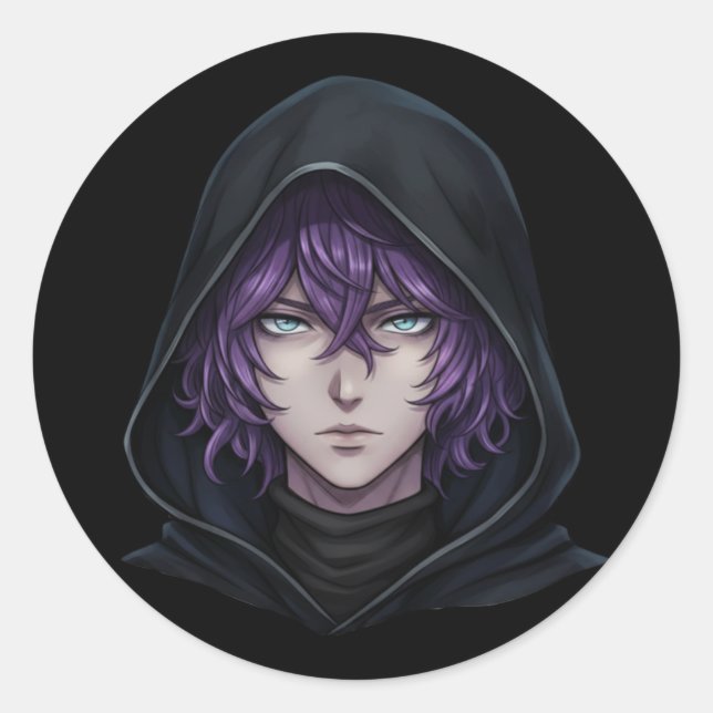 Pegatina Redonda Dark Hoodie Anime Boy with Purple Hair (Anverso)