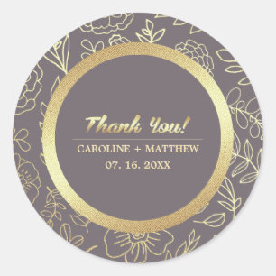 Pegatina Redonda Dark Mocha Gold Boda Floral Gracias