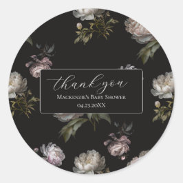 Pegatina Redonda Dark Peony Baby Shower Thank You Sticker