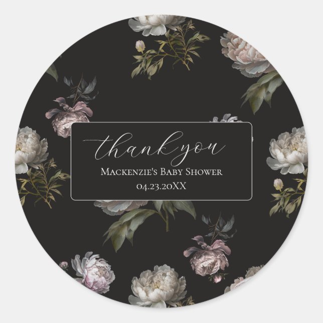 Pegatina Redonda Dark Peony Baby Shower Thank You Sticker (Anverso)