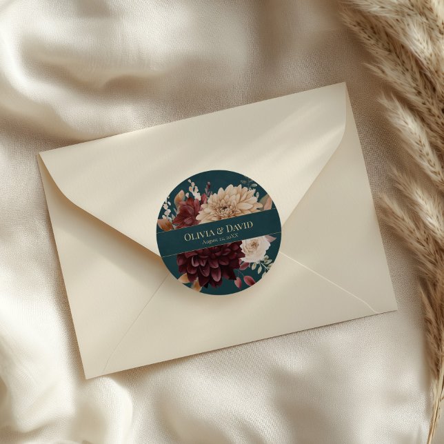 Pegatina Redonda Dark Teal Floral Gothic Wedding Round Sticker (Dark Teal Floral Gothic Wedding Round Sticker on an elegant neutral wedding envelope.)