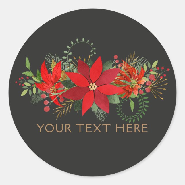 Pegatina Redonda Dark Winter Wedter Red Poinsettia Holiday Favor (Anverso)