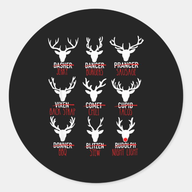 Pegatina Redonda Dasher Dancer Prancer & Bourbon Navidad (Anverso)