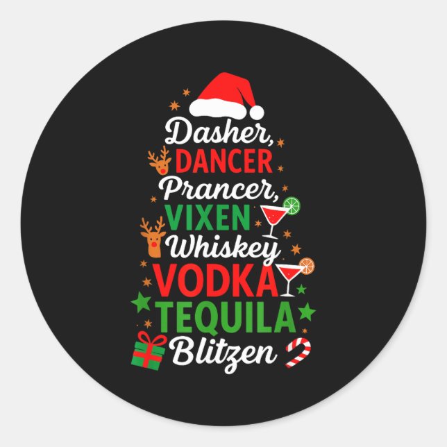 Pegatina Redonda Dasher Dancer Prancer Vixen Moscato Vodka Tequila  (Anverso)
