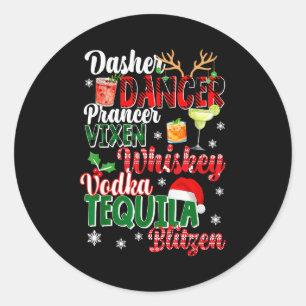 Pegatina Redonda Dasher Dancer Prancer Vixen Moscato Vodka Tequila 