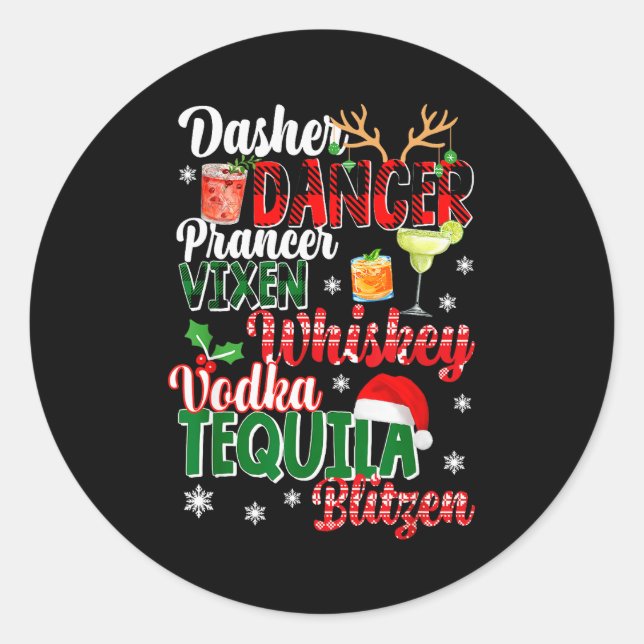 Pegatina Redonda Dasher Dancer Prancer Vixen Moscato Vodka Tequila  (Anverso)