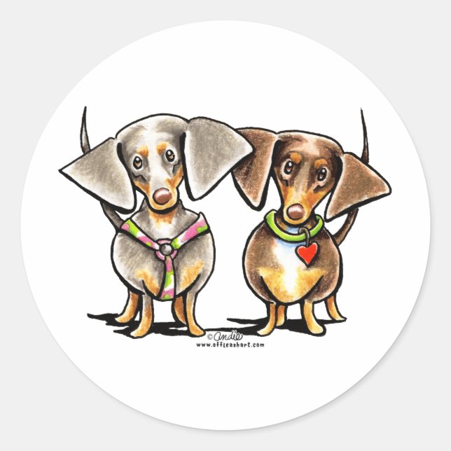Pegatina Redonda Dashing Dapplids Dachshunds (Anverso)