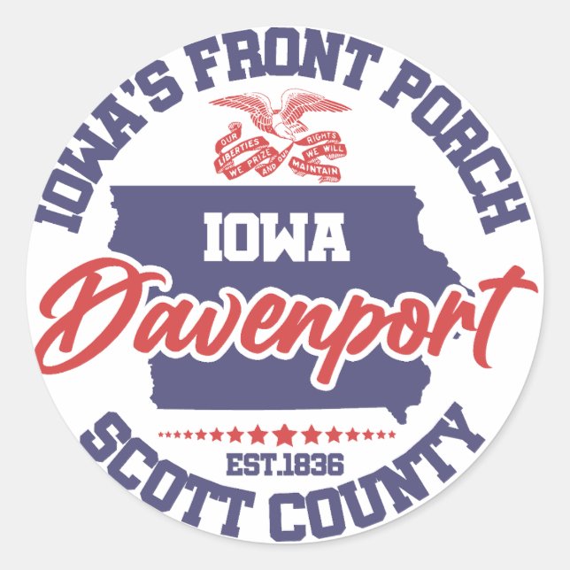 Pegatina Redonda Davenport, Iowa (Anverso)