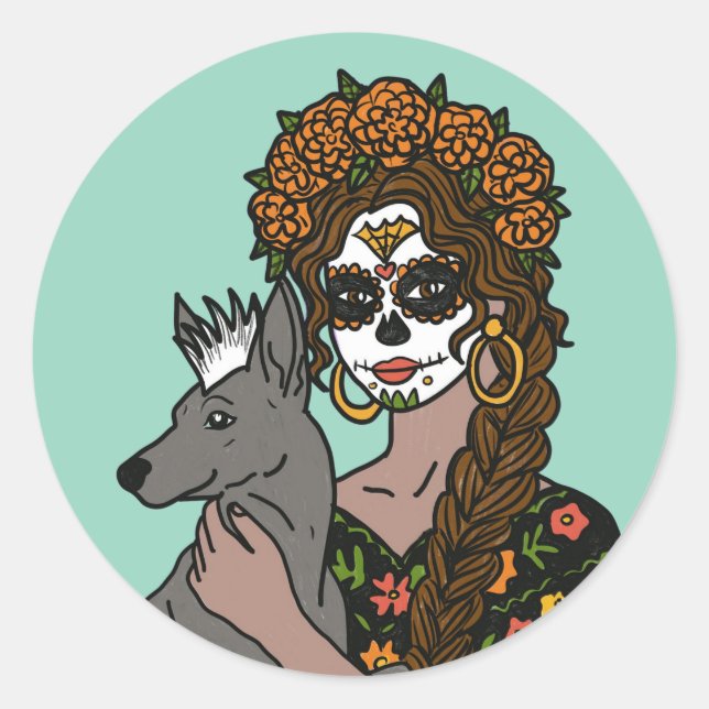 Pegatina Redonda Day of the Dead Marigold and Xolo Dog (Anverso)