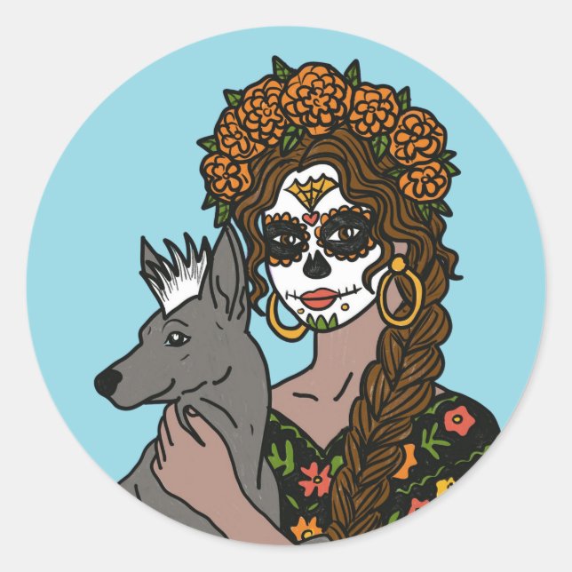 Pegatina Redonda Day of the Dead Marigold and Xolo Dog (Anverso)