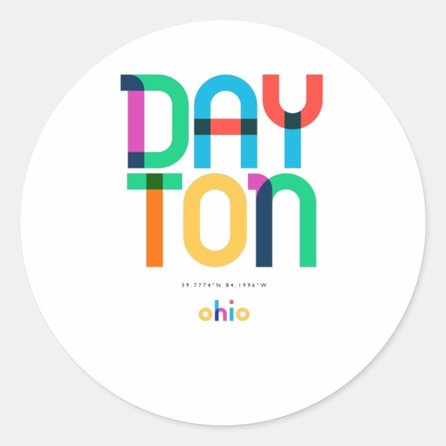 Pegatina Redonda Dayton Ohio Mid Century, Pop Art, (Anverso)