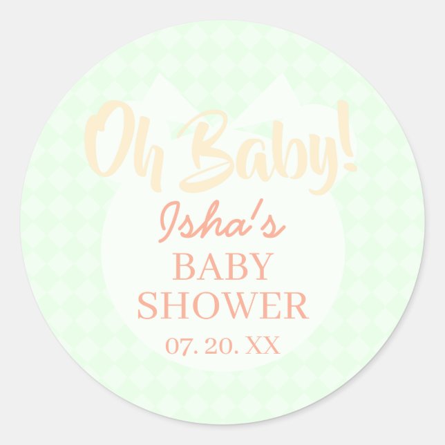Pegatina redonda de baby shower verde claro Oh beb (Anverso)