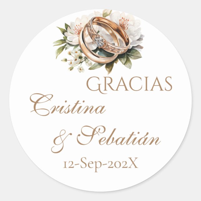 Pegatina redonda de boda boho española  (Anverso)