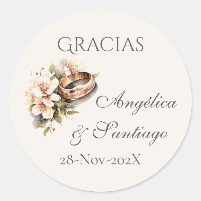 Pegatina redonda de boda boho española (Anverso)