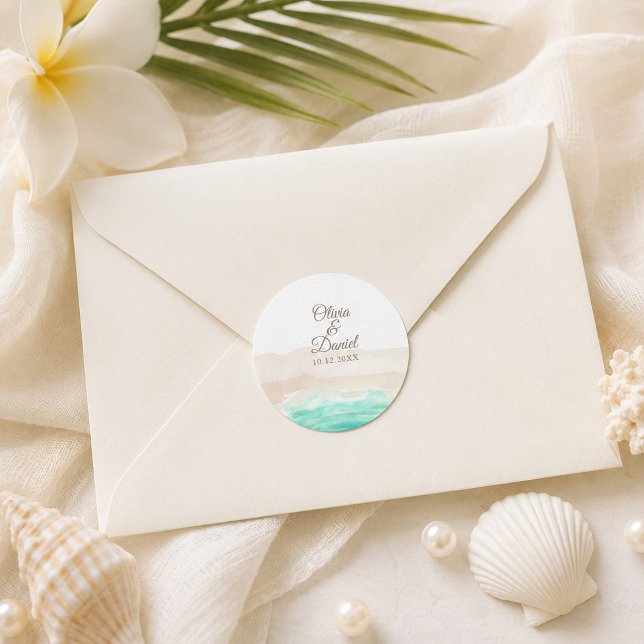 Pegatina redonda de boda de playa tropical con acu (Watercolor Tropical Beach Wedding Round Sticker)