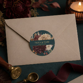 Pegatina redonda de boda gótica floral azul oscuro