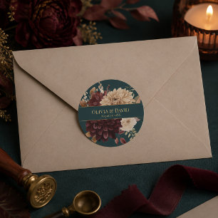 Pegatina redonda de boda gótica floral azul oscuro