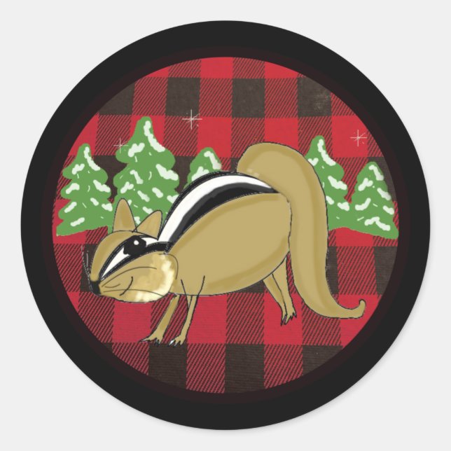 Pegatina redonda de Buffalo Plaid Forest Chipmunk (Anverso)