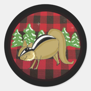 Pegatina redonda de Buffalo Plaid Forest Chipmunk