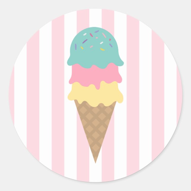 Pegatina redonda de cono de helado rayado (Anverso)