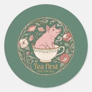 Pegatina redonda de corona de té de cerdo Art Nouv