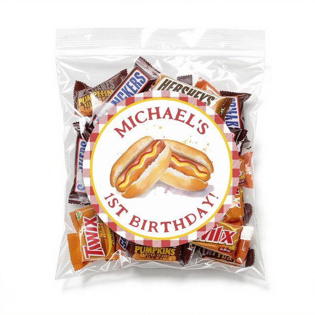 Pegatina redonda de cumpleaños con Hot Dog – Rojo  (Party Sticker Favor)