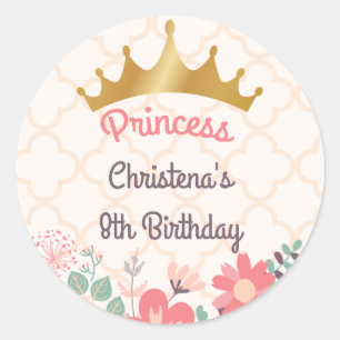 Pegatina redonda de cumpleaños de princesa floral 
