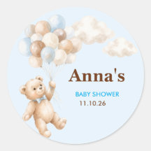 Pegatina redonda de favor de baby shower de osito