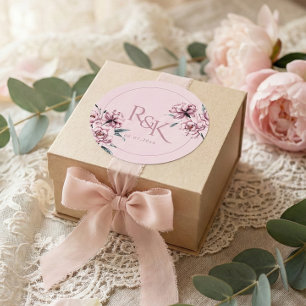 Pegatina redonda de favor de boda de peonía malva 