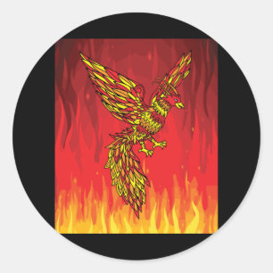 Pegatina Redonda De Fuego Y Flamas Fenix Bird