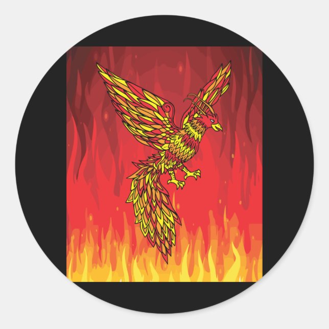 Pegatina Redonda De Fuego Y Flamas Fenix Bird (Anverso)