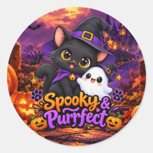 Pegatina redonda de gato negro Spooky Purrfect Hal