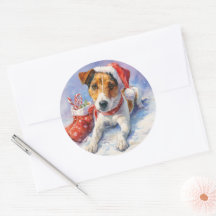 Pegatina redonda de Jack Russell de Navidad