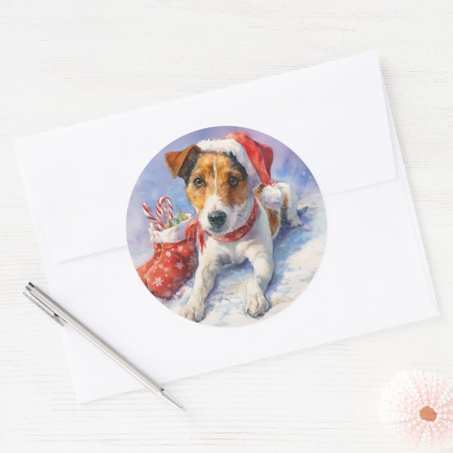 Pegatina redonda de Jack Russell de Navidad (Sobre)