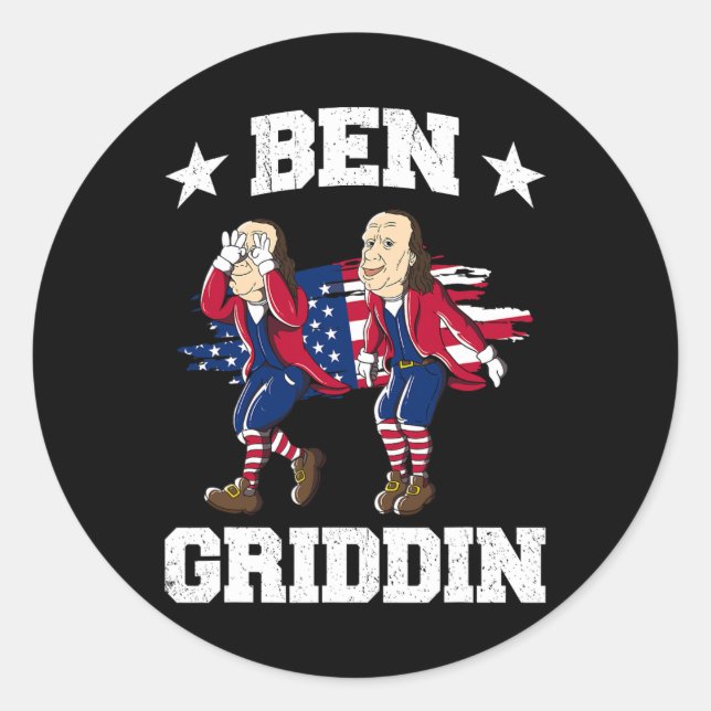 Pegatina Redonda De Julio Benjamin Franklin Griddy Ben Griddin 1 (Anverso)