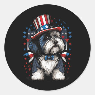 Pegatina Redonda De Julio Patriótico Beart Collie Dog Us Bandera