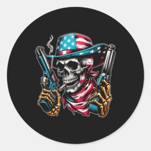 Pegatina Redonda De Julio Patriótico Usa Skeleton Skull Estadounide