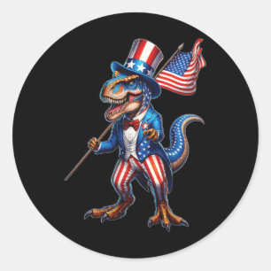 Pegatina Redonda De Julio T-rex Eeuu Bandera Patriótica Estadounide