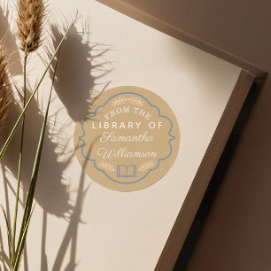 Pegatina Redonda De la biblioteca del libro personalizado de nombre