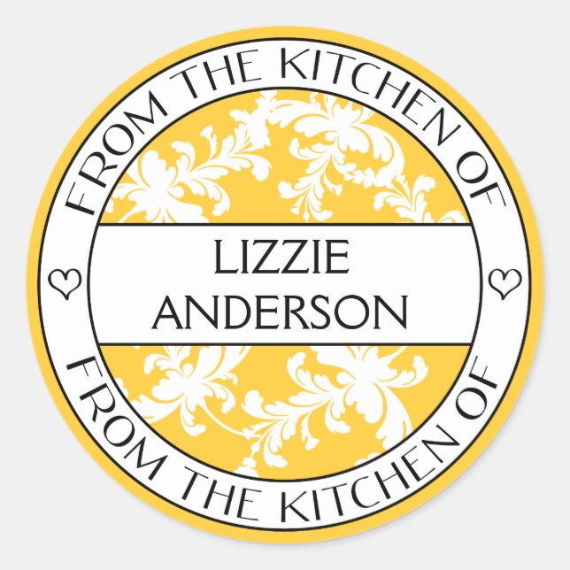 Pegatina Redonda De la cocina del damasco blanco amarillo de la (Anverso)