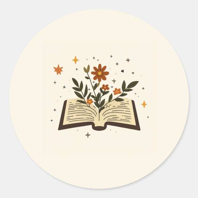 Pegatina redonda de libro abierto floral (Anverso)