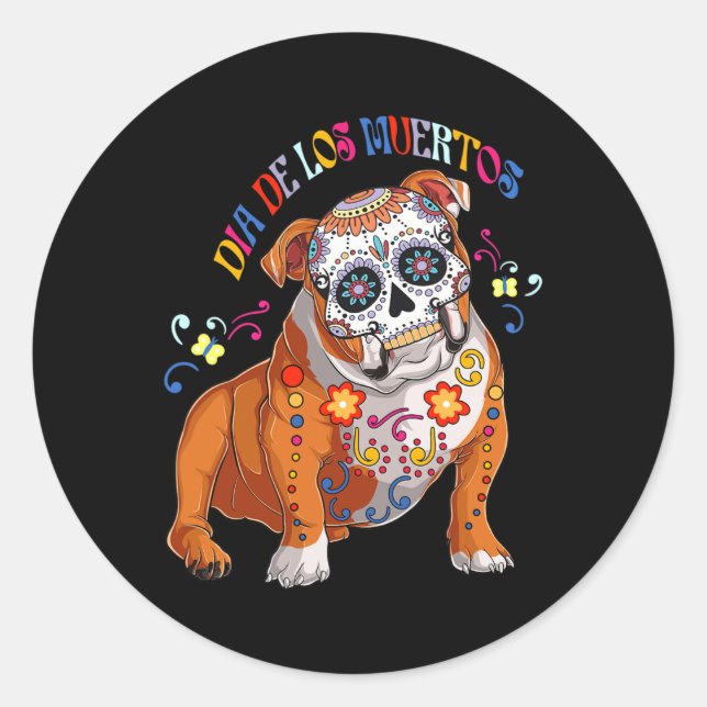 Pegatina Redonda De Los Muertos Bulldog inglés Floral Skull Face M (Anverso)