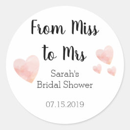 Pegatina Redonda De Miss a Sra. Bridal Shower Pink Hearts