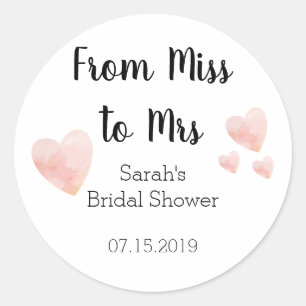 Pegatina Redonda De Miss a Sra. Bridal Shower Pink Hearts