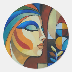 Pegatina redonda de mujer cubista abstracta