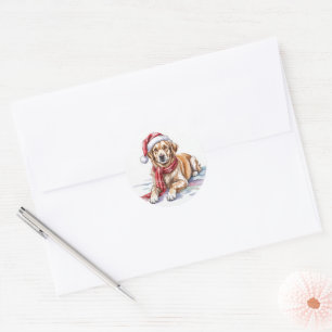 Pegatina redonda de Navidad de Golden Retriever