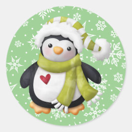 Pegatina redonda de pingüino de Navidad verde