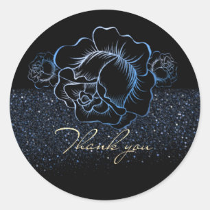 Pegatina Redonda de rosas azules y purpurina de gracias