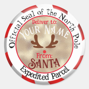 Pegatina Redonda De Santa Official Seal Rudolph Face on Gold